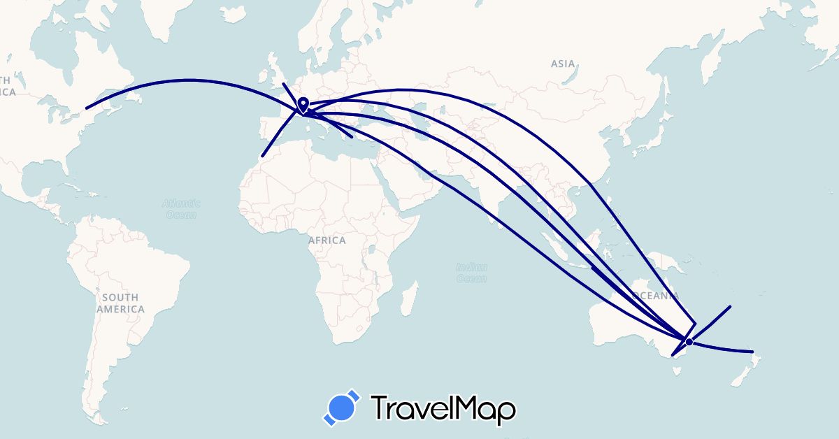 TravelMap itinerary: driving in United Arab Emirates, Australia, Canada, Switzerland, France, United Kingdom, Hong Kong, Indonesia, Morocco, New Caledonia, New Zealand (Africa, Asia, Europe, North America, Oceania)